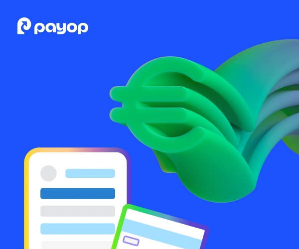 Bright blue background with the PayOp logo. A large green 3D Euro symbol is in the centre. Below, stylised forms of documents and cards are depicted.