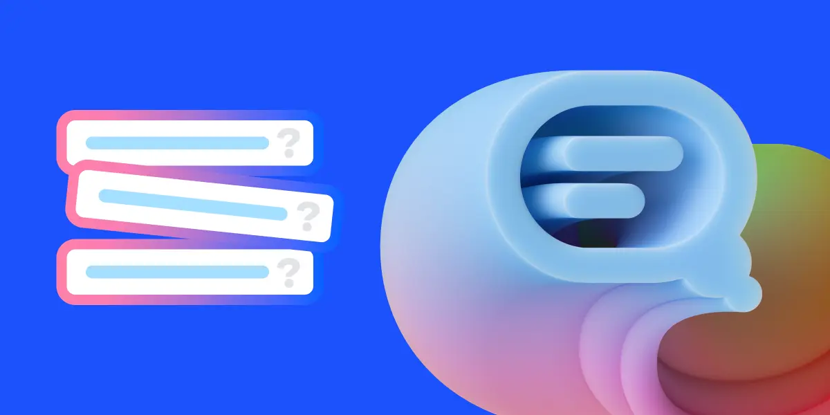 Stylised chat bubbles on a blue background. Three white and pink bubbles with question marks on the left, and a large blue bubble on the right, conveying inquiry.