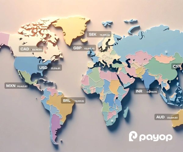 A stylised world map with countries in pastel colours. Currency symbols like USD, EUR, and CNY, along with numbers, are overlaid. The Payop logo is in the bottom right corner. The map conveys a global financial theme.