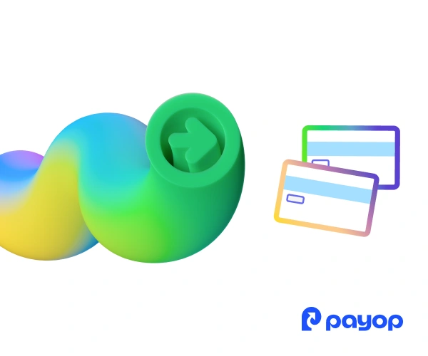 Abstract colourful spiral next to two gradient credit cards on a white background. Blue Payop logo in the bottom right corner.