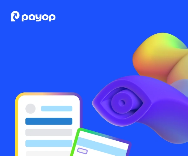 Blue background with Payop logo at top left. Colourful abstract 3D shapes and overlapping card-like elements convey a digital, modern feel.