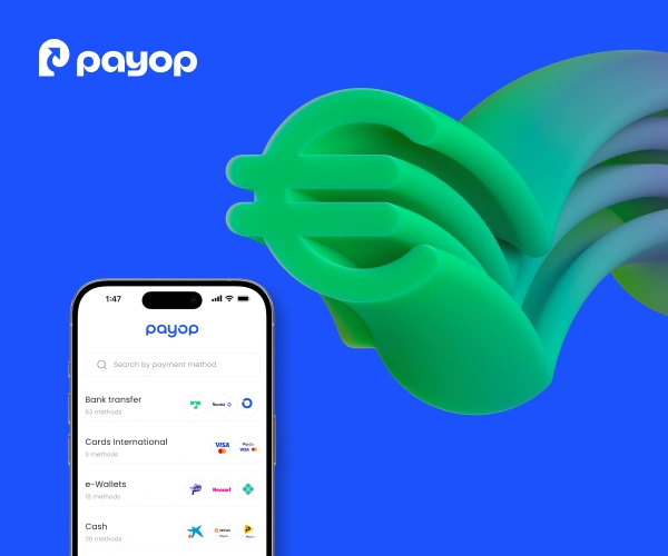 A smartphone displaying the Payop app, with diverse payment methods, alongside a bright, abstract euro symbol on a vibrant blue background.