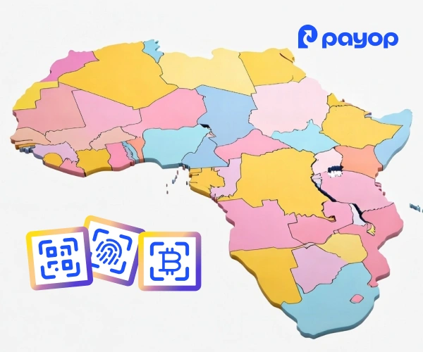 Colourful map of Africa with fragmented countries, alongside digital payment icons and Payop logo in blue, suggesting financial technology themes.