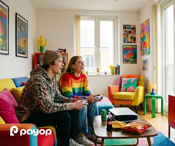 Two people enjoy playing video games on a colourful couch in a vibrant, art-filled room. They are smiling, creating a fun and lively atmosphere.