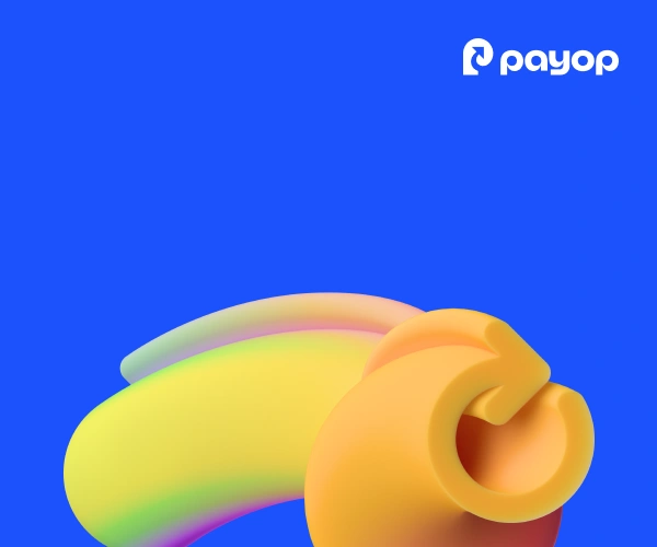 A vibrant abstract design with yellow-orange swirls and a gradient arc on a blue background. Payop logo in white at the top right. Modern and dynamic.