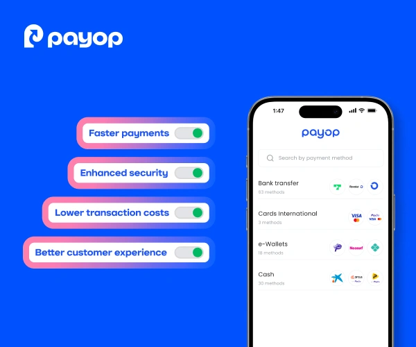 Payop branding on a blue background with a smartphone displaying payment options. Features include faster payments, enhanced security, and better customer experience.