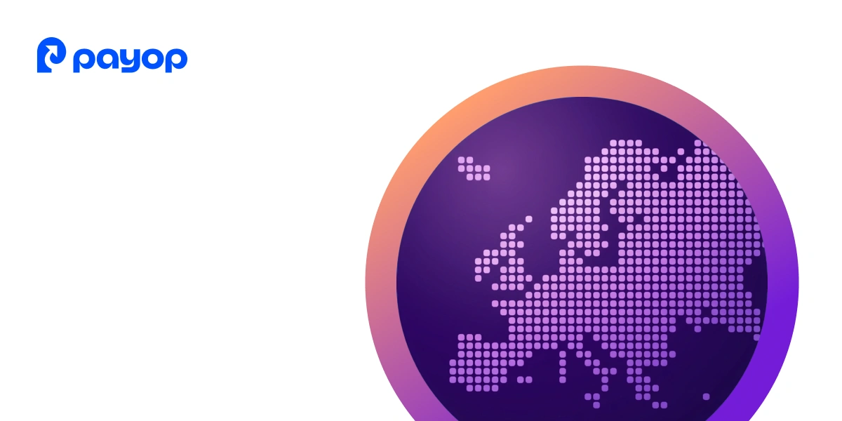 A pixelated digital map of Europe on a purple circle with an orange border, accompanied by the Payop logo in the top left corner.