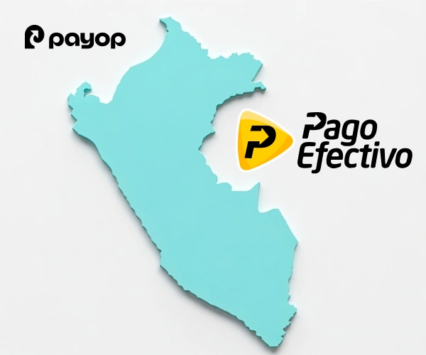 A turquoise silhouette of Peru on a light background. The logos of Payop and Pago Efectivo, with a yellow icon, are placed near it.
