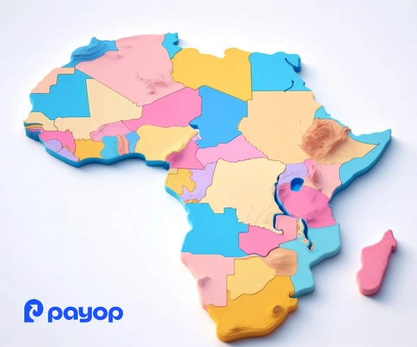 Colourful 3D map of Africa with varied regions in pastel shades. The Payop logo is in the lower left corner. Bright and educational tone.