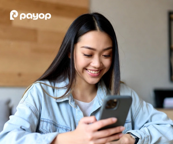 Smiling woman in a denim jacket using a smartphone indoors. The Payop logo is visible in the top left corner.