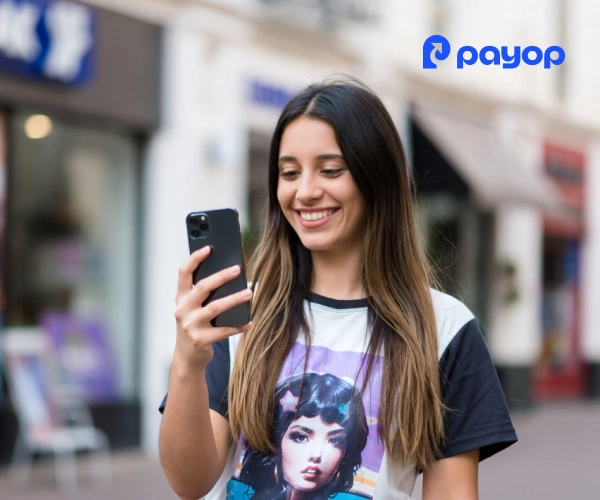 A smiling woman with long hair looks at her smartphone on a city street. She wears a graphic t-shirt. The Payop logo is visible in the corner.