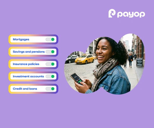 A smiling woman with a phone walks in a city. On the left, toggles show various financial services, such as mortgages and loans. The background is purple with the Payop logo.