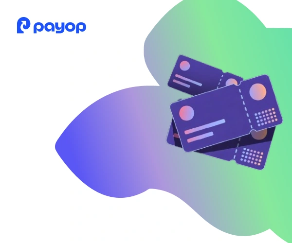 A digital illustration shows a stack of stylised credit cards on a gradient background of green and purple. The Payop logo is in the top left corner.