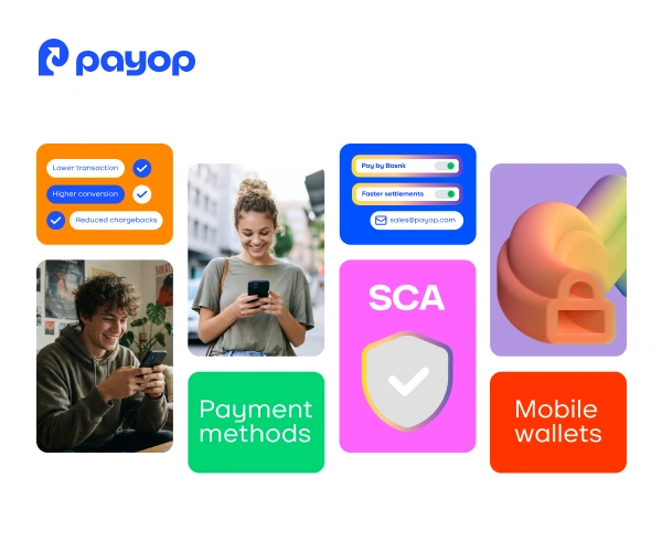 Payop ad with smiling people using phones. Features like lower transaction fees, SCA shield, payment methods, mobile wallets, and security toggles are highlighted.