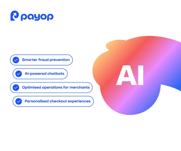 Payop logo with AI-themed gradient design highlighting features: fraud prevention, AI chatbots, optimised operations, and personalised checkout.