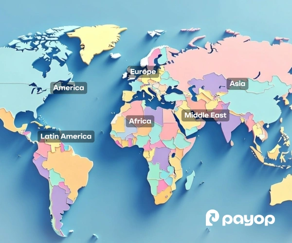 Colourful world map highlighting the continents of America, Latin America, Europe, Africa, Asia, and the Middle East. Each region is labelled clearly. Payop logo in the bottom right.