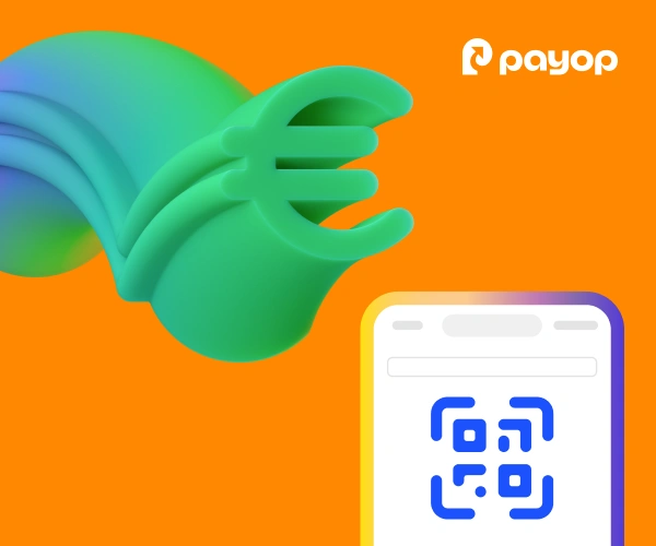 A green euro symbol with digital wave effects is featured on an orange background. Below, a smartphone displays a blue QR code, with the Payop logo above.