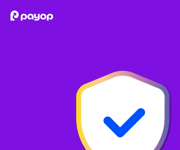 Purple background with Payop logo in white at the top left. A shield icon with a blue checkmark on the right conveys security and trust.