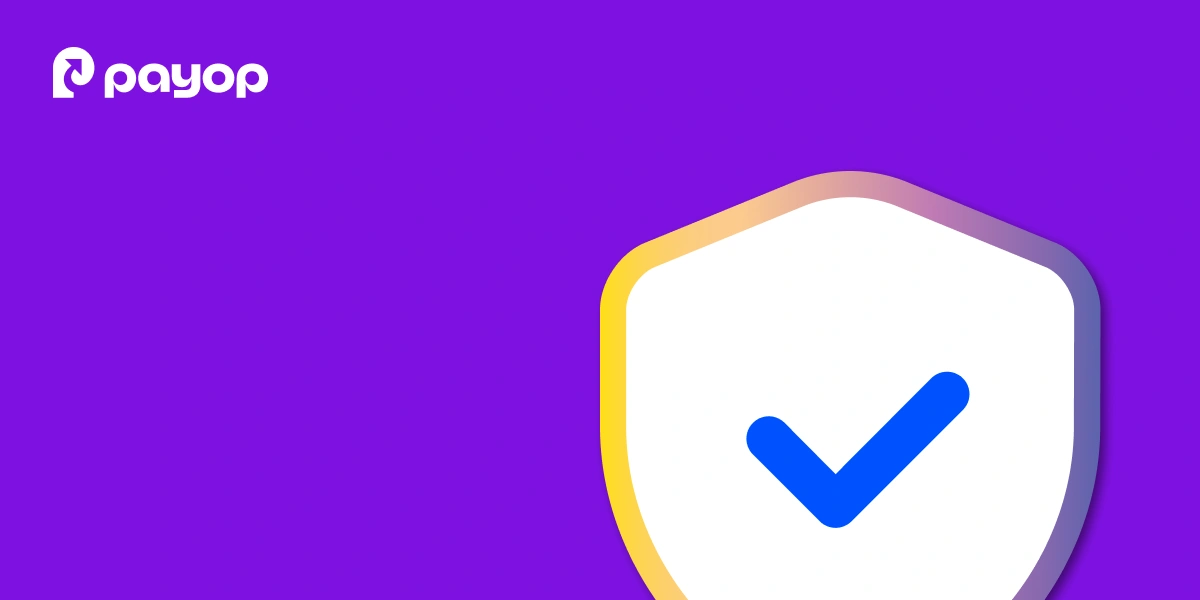 Purple background with Payop logo in white at the top left. A shield icon with a blue checkmark on the right conveys security and trust.