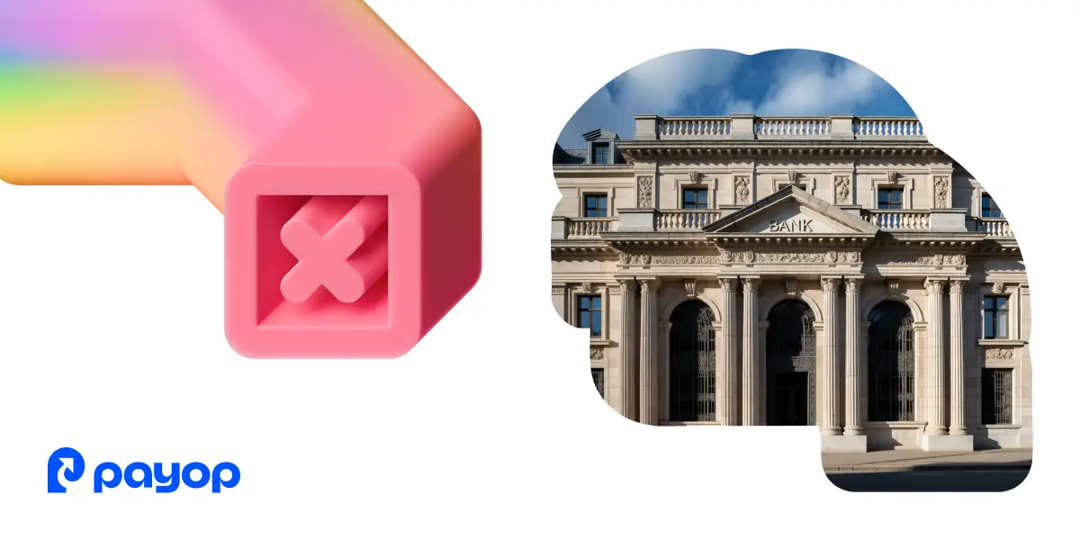 Illustration of a bank building with grand columns next to a colourful 3D block featuring an "X" symbol. Payop logo in blue at bottom left.