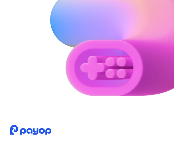 A vibrant pink oval with a game controller icon sits on a gradient of blue and pink. The Payop logo is in the bottom left corner. 