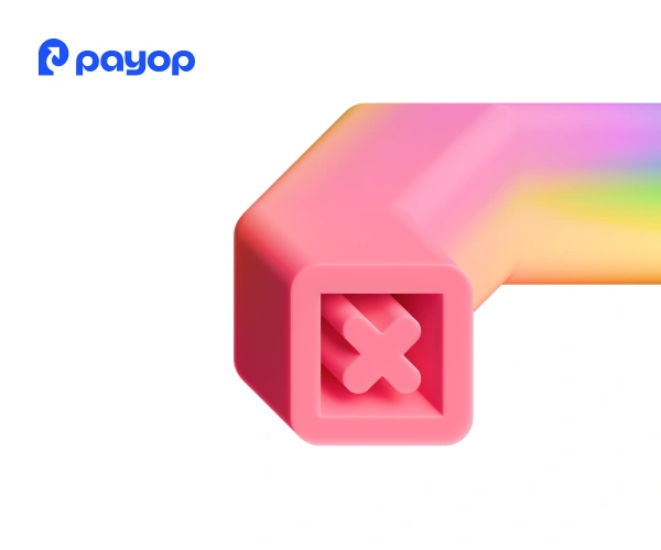 A colourful, 3D L-shaped object with a soft gradient of pink, yellow, and green hues, featuring an X symbol at the corner. The Payop logo is in the top left.