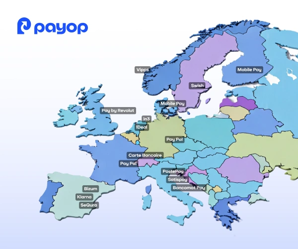 Map of Europe showing various popular payment methods by country, with regions colored differently. The Payop logo is in the top-left corner.