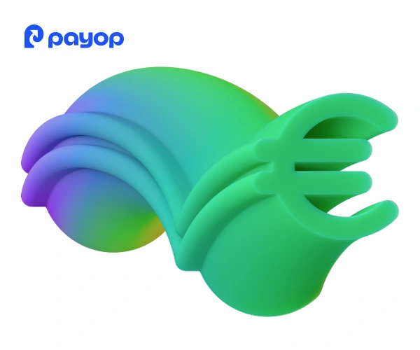 3D euro symbol with green and blue gradient, appearing dynamic and fluid. Payop logo in the top left. Futuristic and innovative tone.