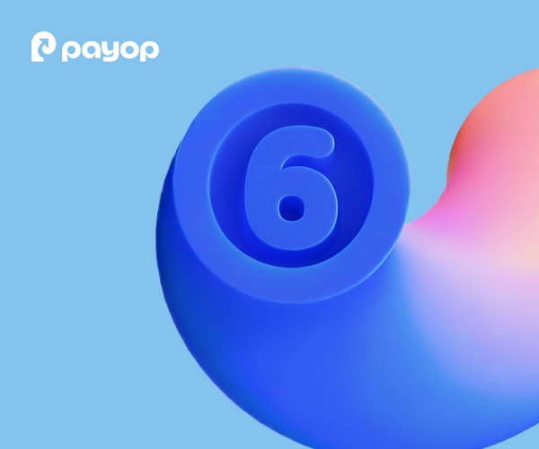 A blue 3D abstract object with the number '6' in the center on a light blue background, featuring the Payop logo in the upper-left corner and a colorful gradient on the right side.