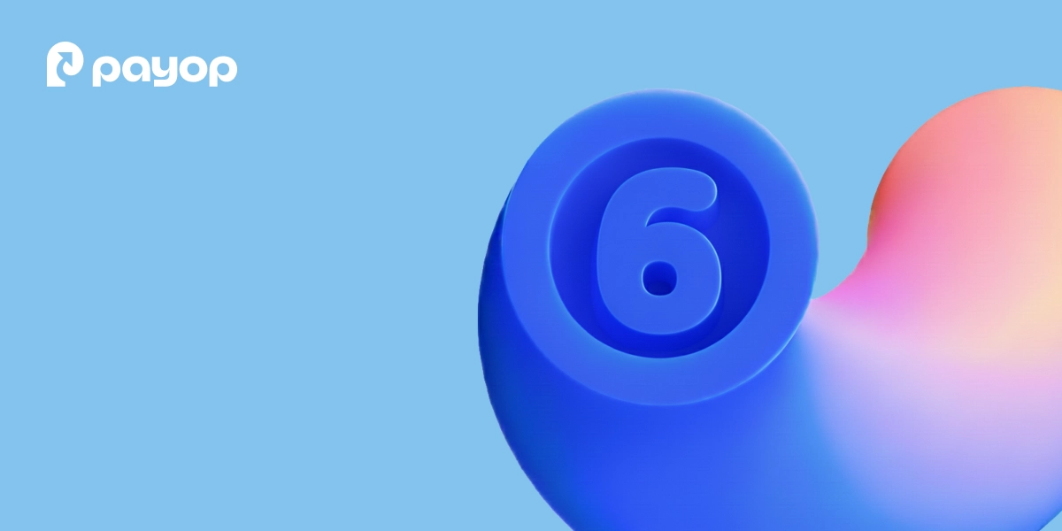 A blue 3D abstract object with the number '6' in the center on a light blue background, featuring the Payop logo in the upper-left corner and a colorful gradient on the right side.