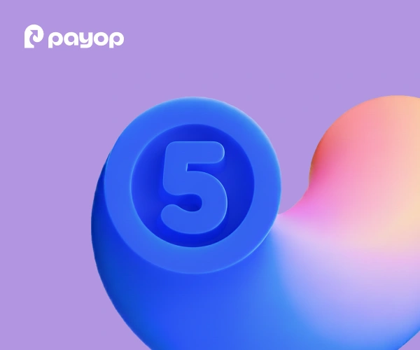 A large blue 3D numeral '5' centered in a circular blue icon on a purple gradient background. The Payop logo is located in the top left corner in white.