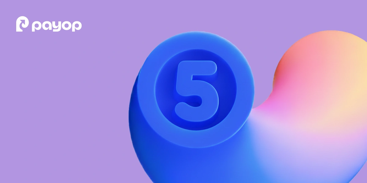 A large blue 3D numeral '5' centered in a circular blue icon on a purple gradient background. The Payop logo is located in the top left corner in white.