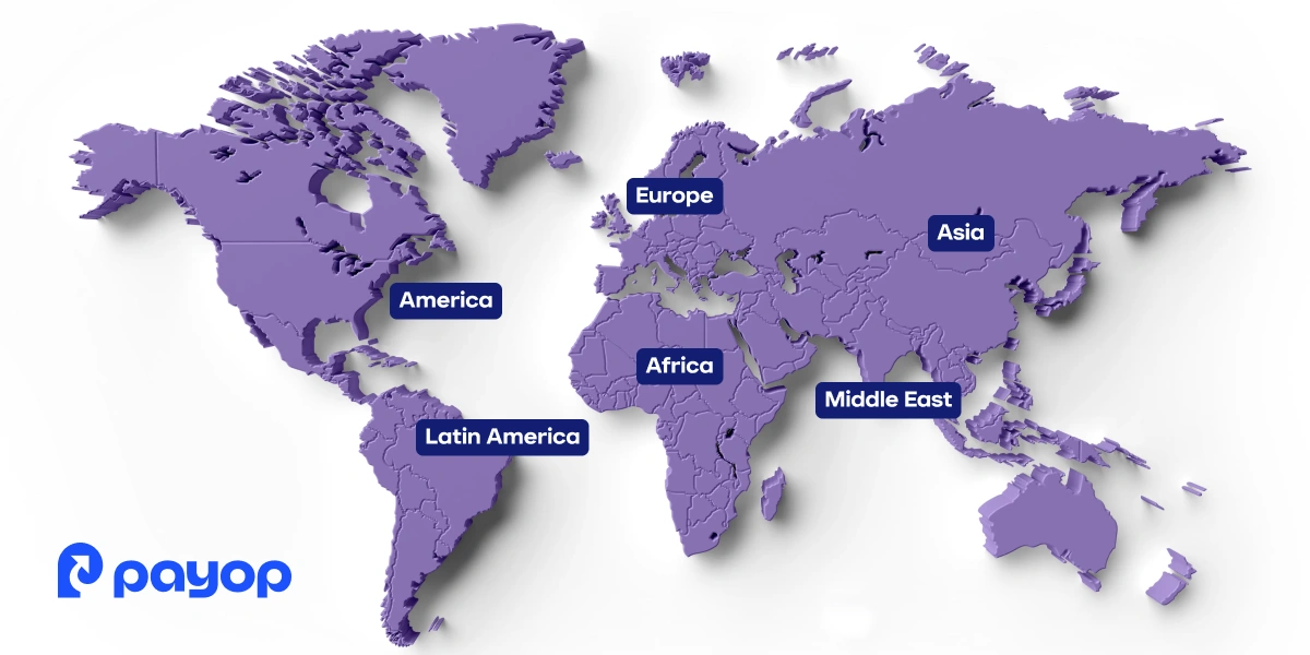 3D purple world map with labels for America, Latin America, Europe, Africa, Middle East, and Asia, featuring the Payop logo.