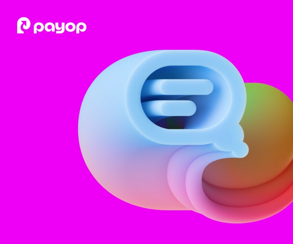3D speech bubble illustration with Payop logo on a bright pink background