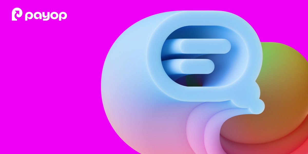 3D speech bubble illustration with Payop logo on a bright pink background
