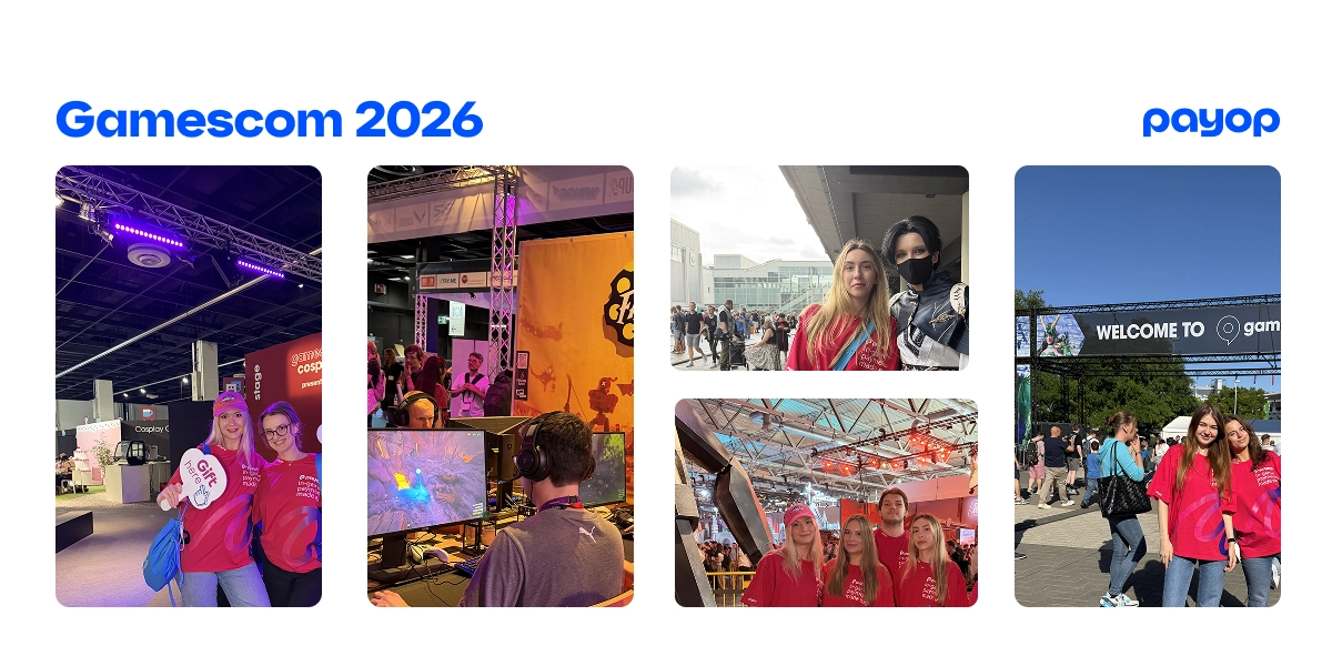 A photo collage of the Payop team and event participants at Gamescom 2026.