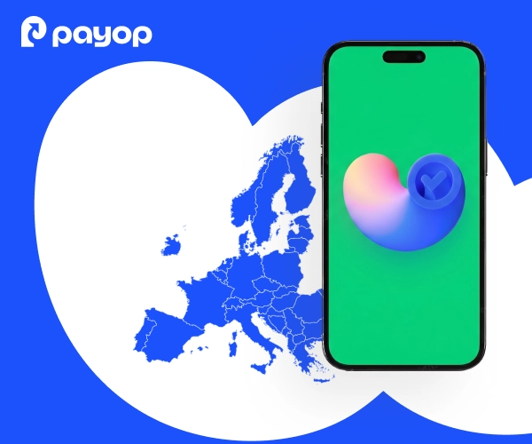 A smartphone displaying a checkmark icon next to a map of Europe with the Payop logo.