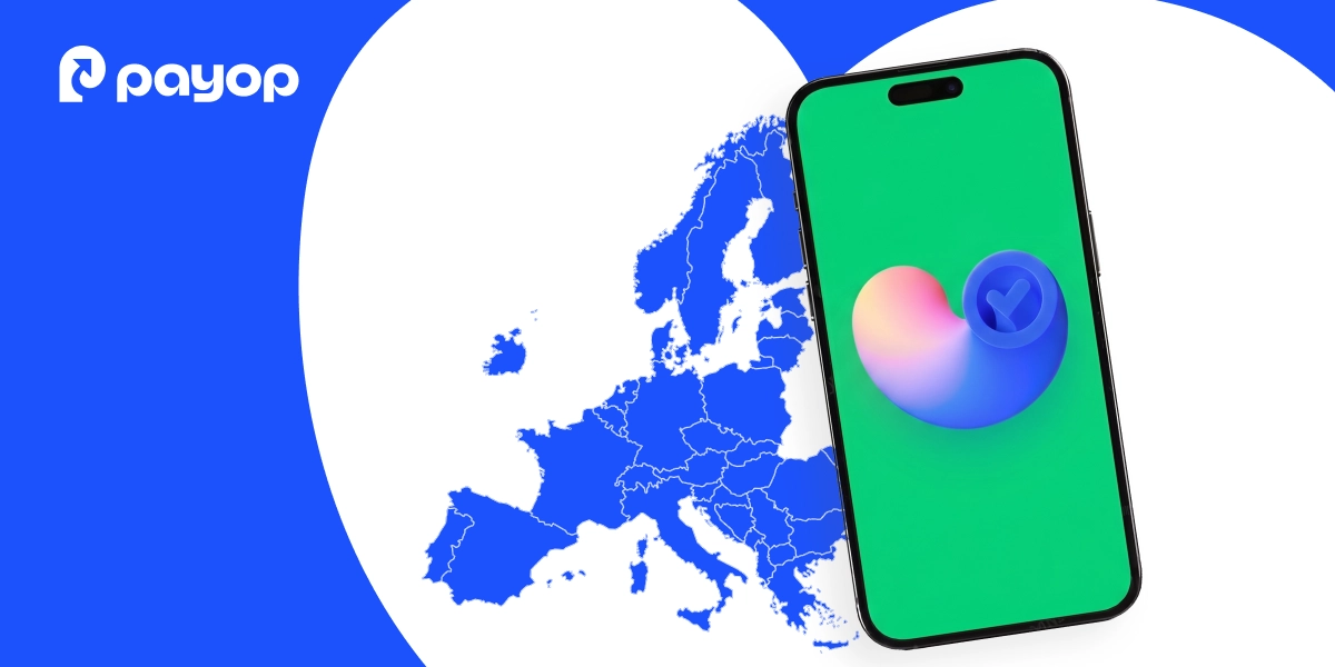 A smartphone displaying a checkmark icon next to a map of Europe with the Payop logo.