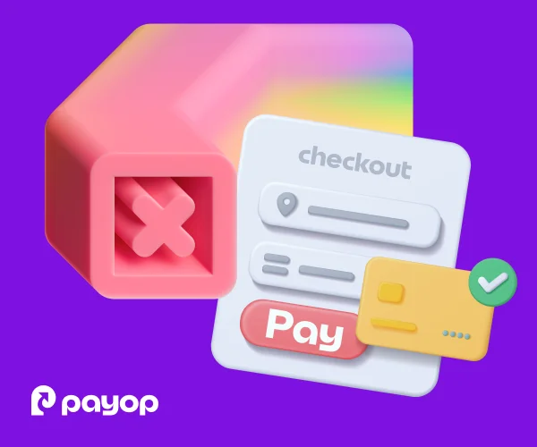 A 3D illustration featuring an online checkout interface, a credit card marked with a green checkmark, and a declined transaction symbol