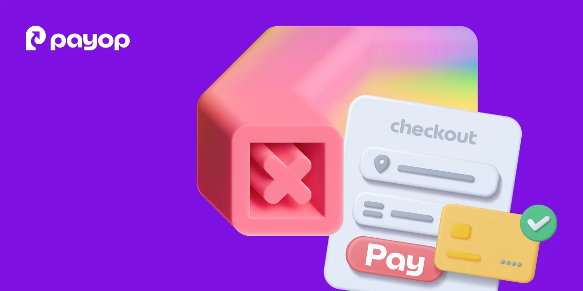 A 3D illustration featuring an online checkout interface, a credit card marked with a green checkmark, and a declined transaction symbol