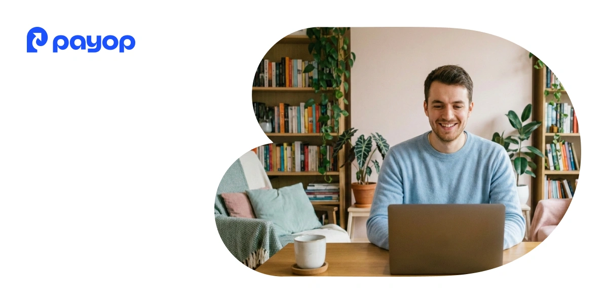 A smiling man in a light blue sweater uses a laptop in the room with bookshelves, plants, a sofa, and a coffee mug 