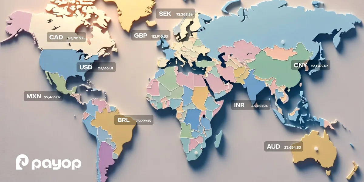 A stylised world map with countries in pastel colours. Currency symbols like USD, EUR, and CNY, along with numbers, are overlaid. The Payop logo is in the bottom right corner. The map conveys a global financial theme.