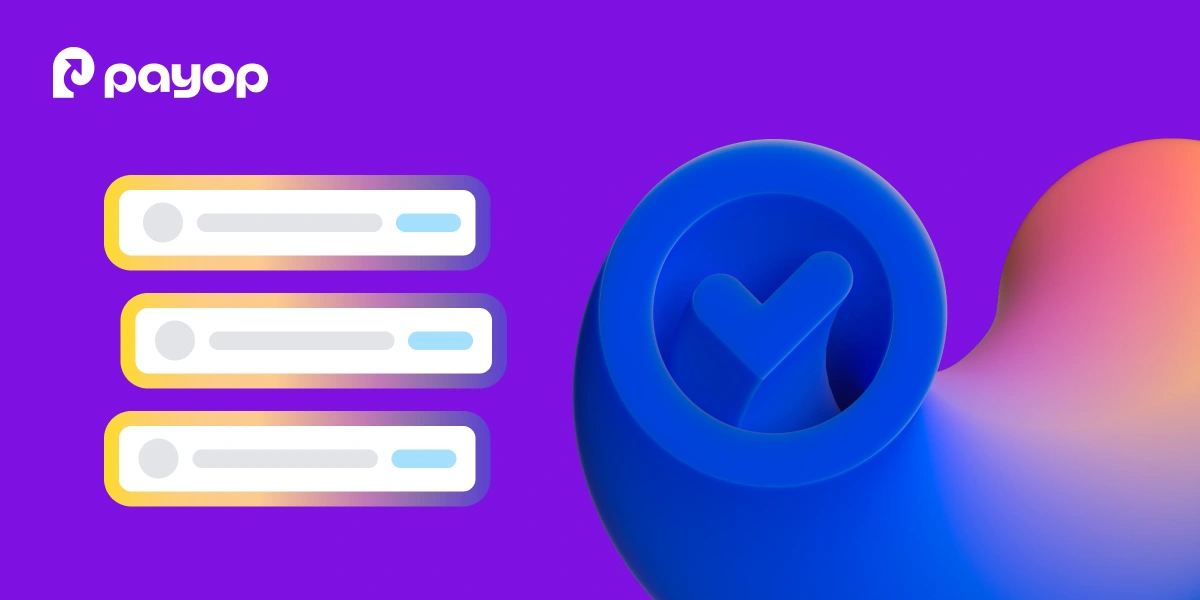 A purple background features the PayOp logo. To the left are three horizontal bars resembling online forms. On the right is a vibrant blue 3D checkmark.