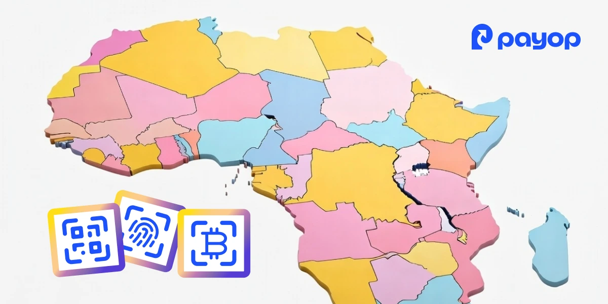 Colourful map of Africa with fragmented countries, alongside digital payment icons and Payop logo in blue, suggesting financial technology themes.