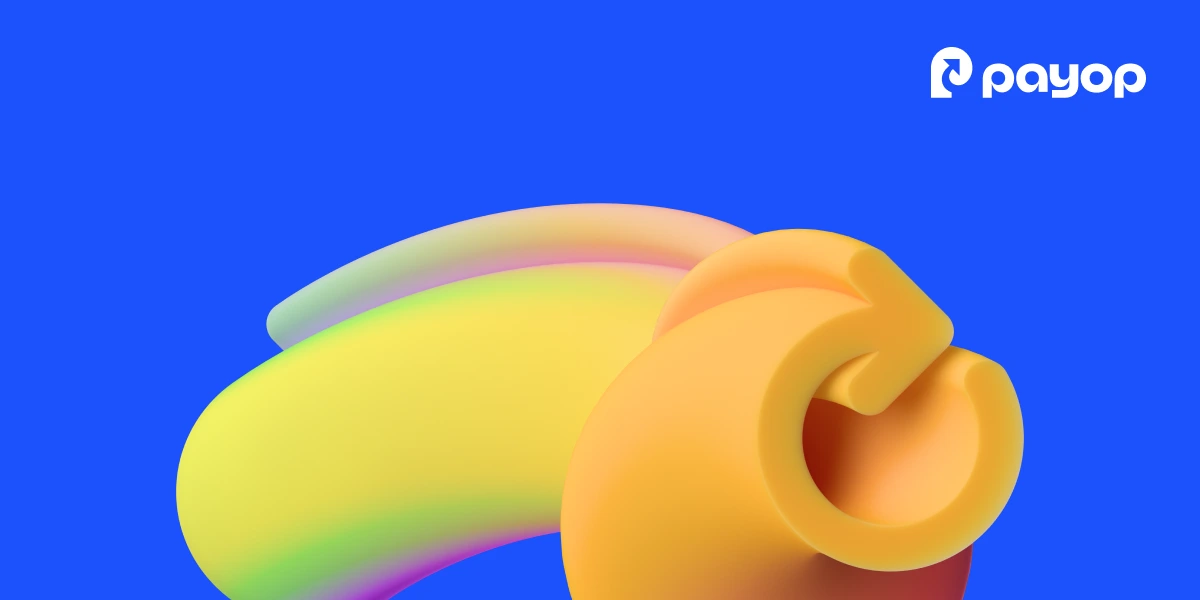 A vibrant abstract design with yellow-orange swirls and a gradient arc on a blue background. Payop logo in white at the top right. Modern and dynamic.