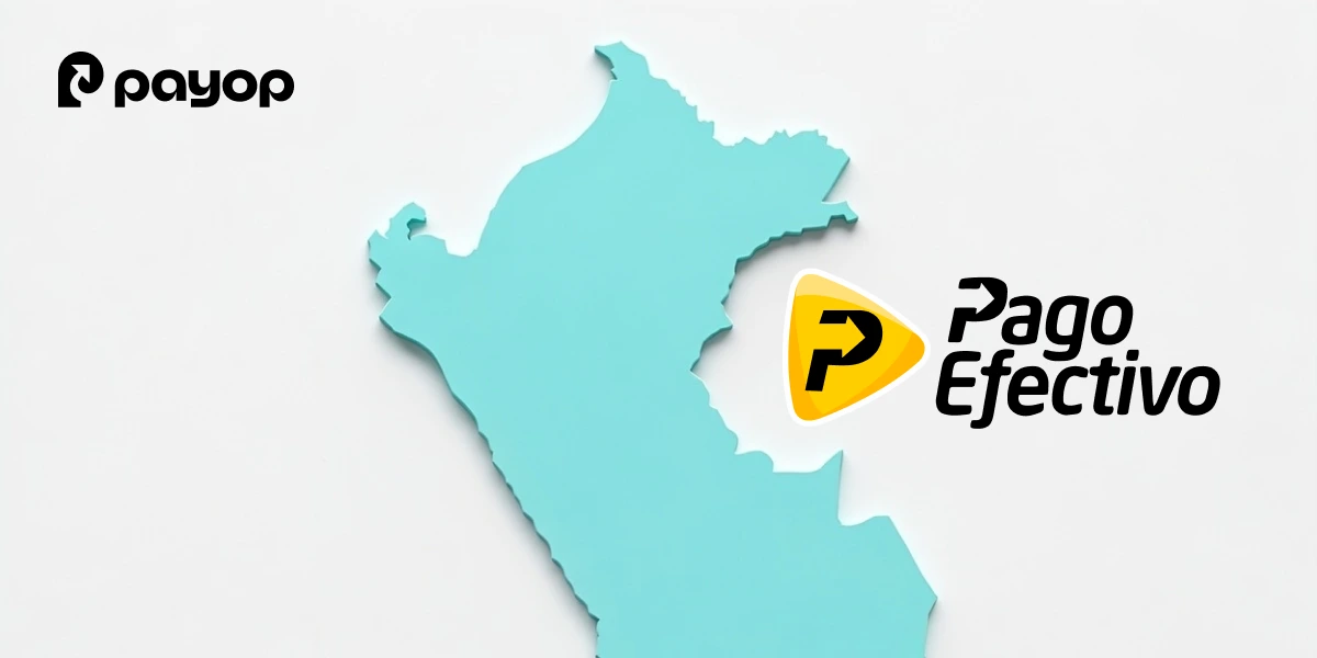 A turquoise silhouette of Peru on a light background. The logos of Payop and Pago Efectivo, with a yellow icon, are placed near it.