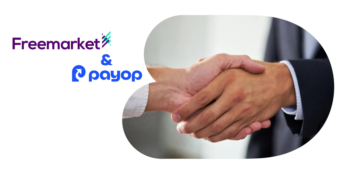 Two hands shaking in agreement next to Freemarket and Payop logos, symbolising a professional partnership.