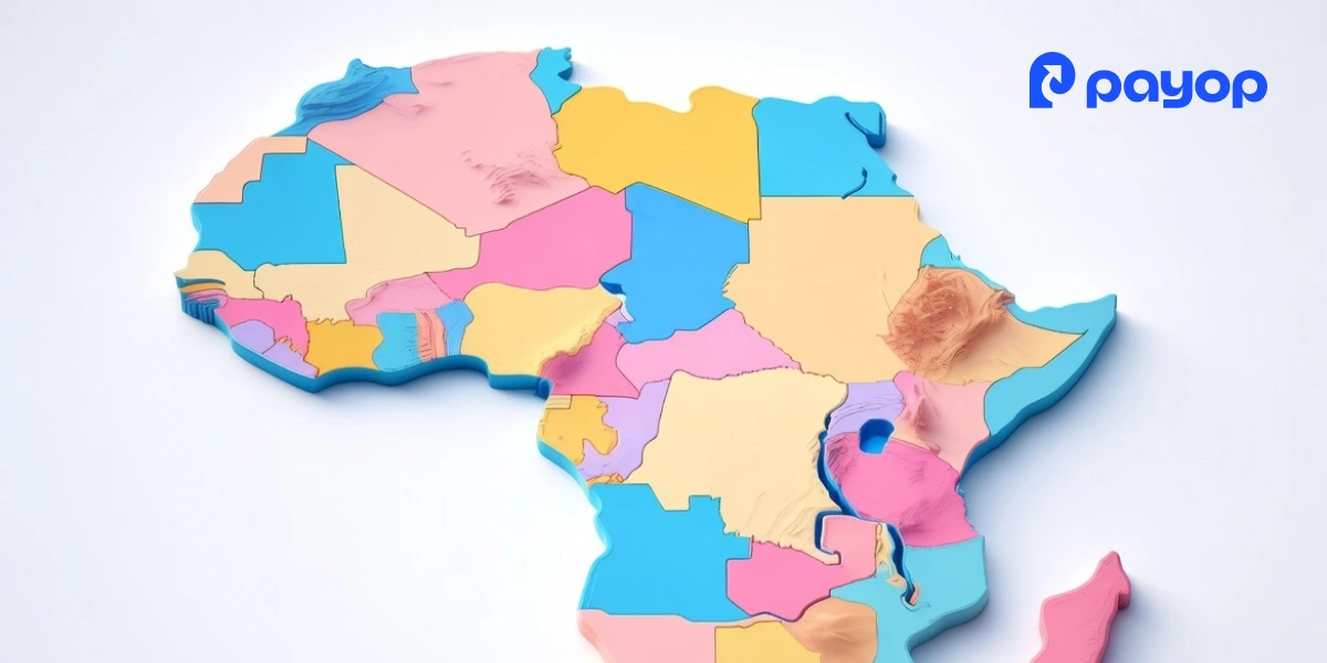 Colourful 3D map of Africa with varied regions in pastel shades. The Payop logo is in the lower left corner. Bright and educational tone.