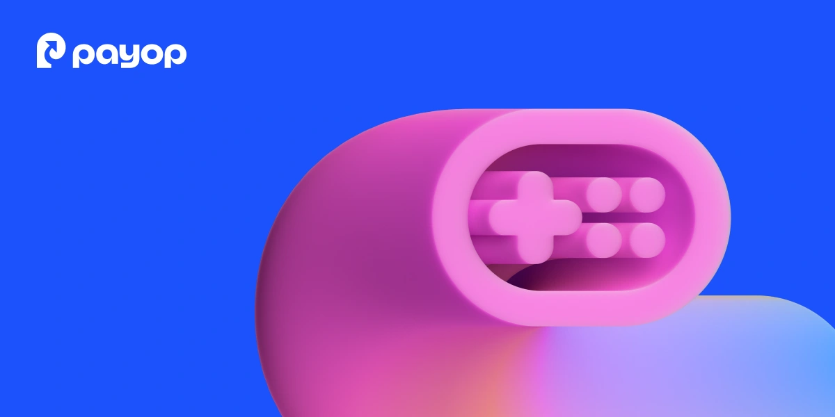 Bright blue background with a pink, stylised game controller shape in the foreground. The Payop logo appears in white in the top left. Playful and modern tone.