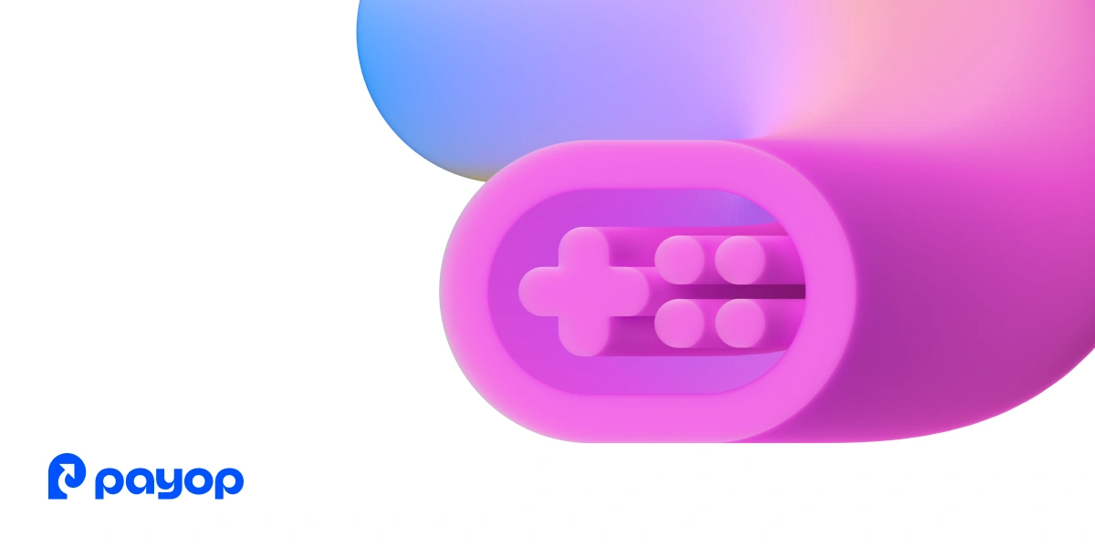 A vibrant pink oval with a game controller icon sits on a gradient of blue and pink. The Payop logo is in the bottom left corner. 